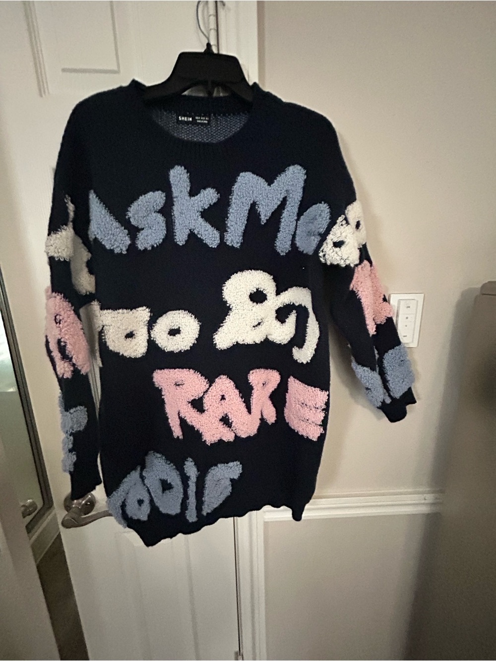 Oversized Graphic Text Knit Sweater Dress Navy with Pink & Light Blue